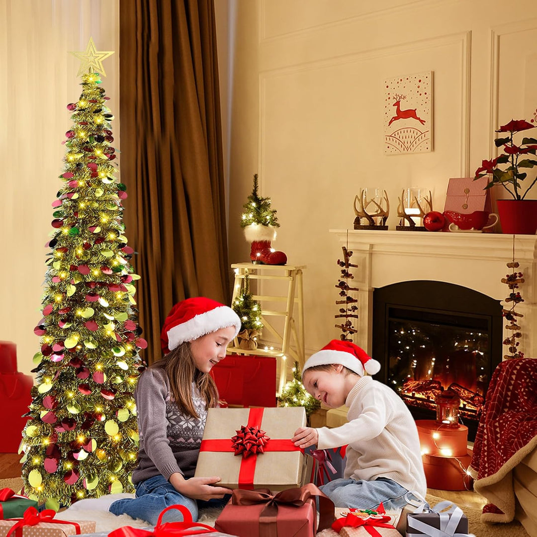 HMASYO 150 cm Pop-Up Lametta Weihnachtsbaum mit 50 Timer-Lichtern, Buntes Gold Zusammenklappbarer Kü