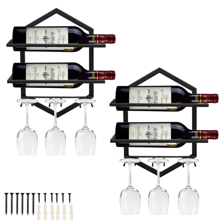 Metall Wandmontierter Weinhalter Rack, Weinglashalter Hängend Stehen Organizer für 2 Flaschen und 3