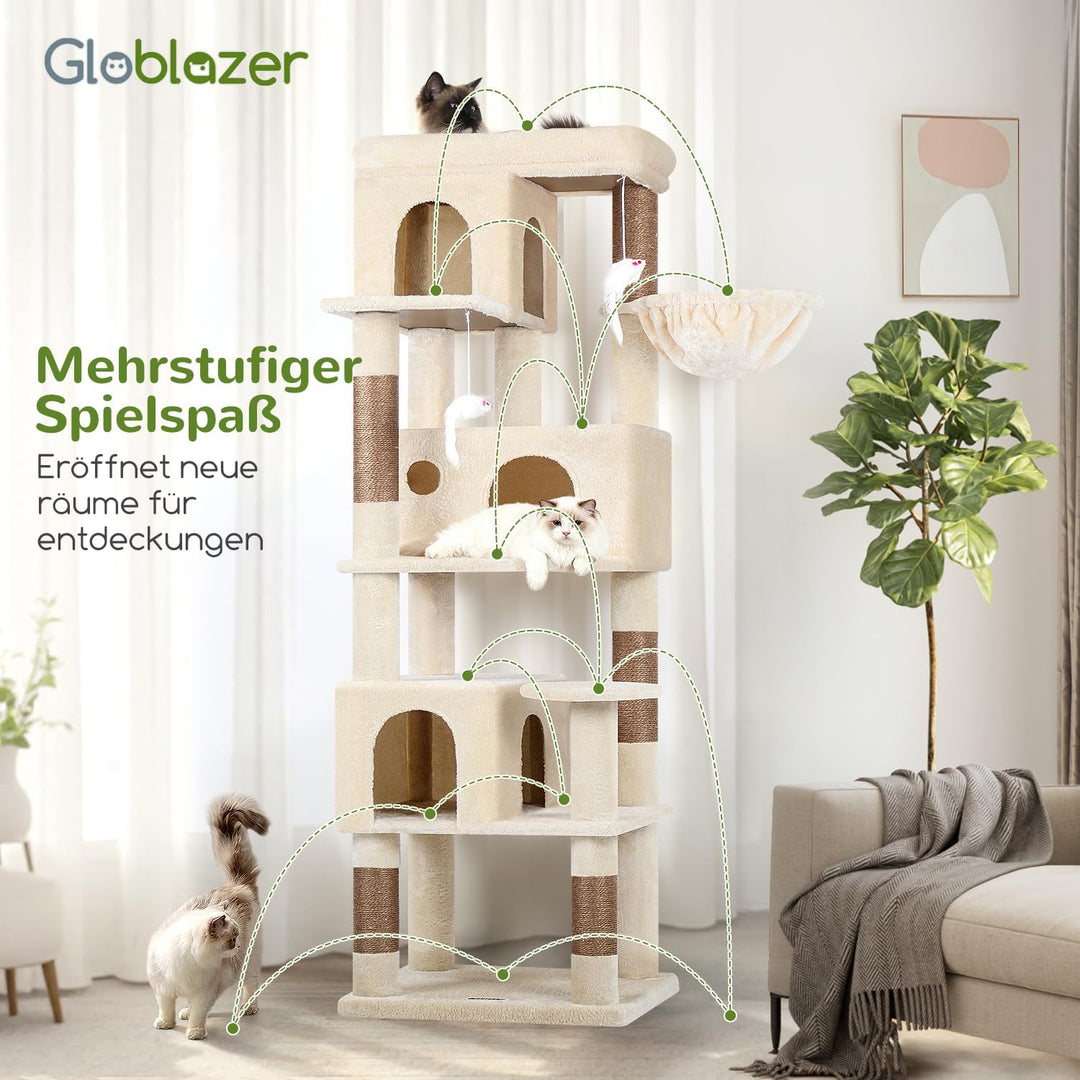 Globlazer Kratzbaum Beige Stabil Passform Ecke hoch 168 cm mit 3 Katzenhäus, Grosse Gepolsterte Plat
