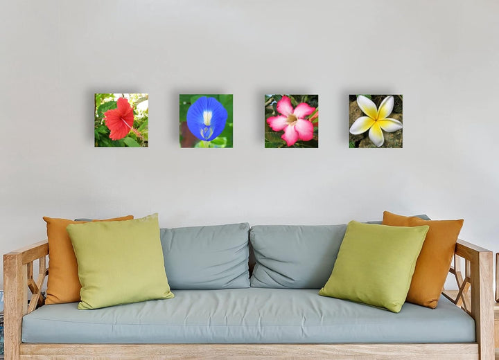 WunschPIXEL – Wandbild Blumen auf weissem Acrylglas, Set 4-teilig je 20x20 cm, quadratisch, tropisch