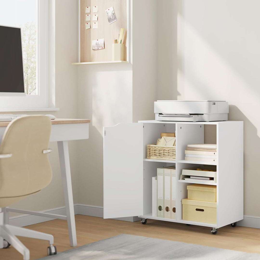 WOLTU Aktenschrank mit Rollen, Druckertisch mit 3 offenen Fächern, 1 Tür, verstellbaren Ablagen, für