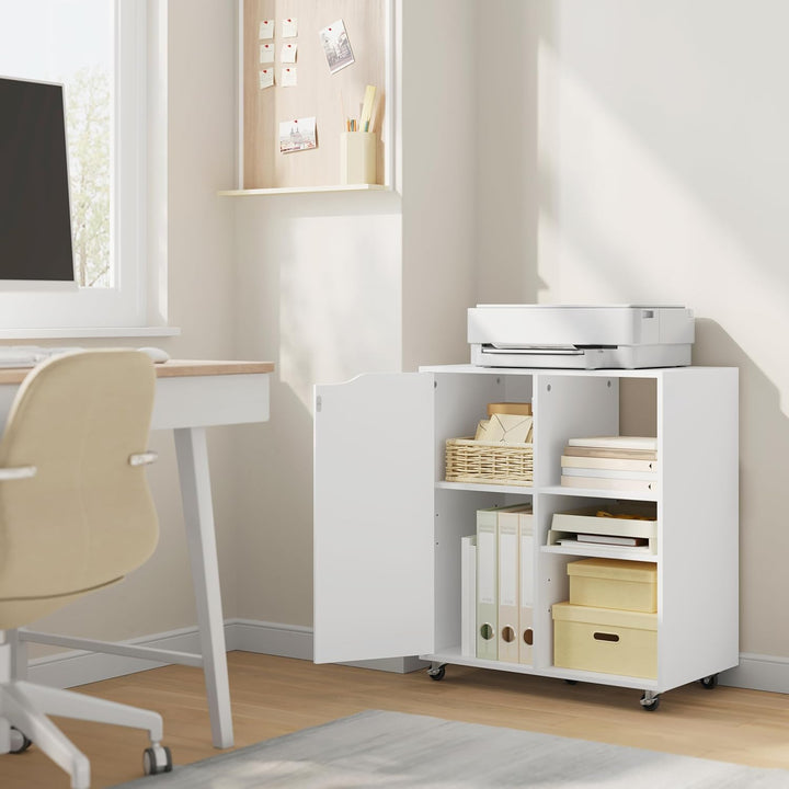 WOLTU Aktenschrank mit Rollen, Druckertisch mit 3 offenen Fächern, 1 Tür, verstellbaren Ablagen, für