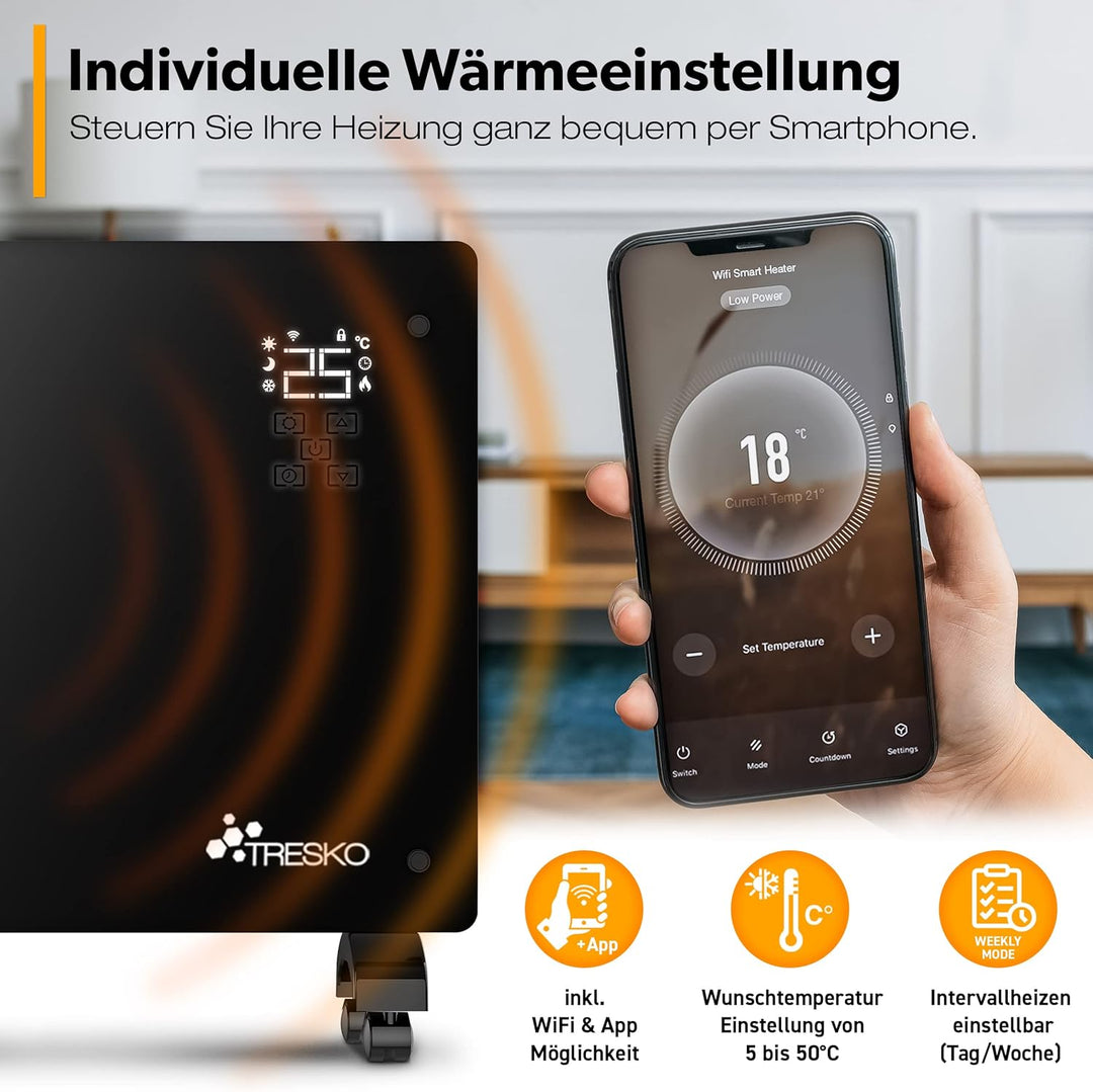 TRESKO® Glaskonvektor 2000W APP WiFi Funktion | Elektroheizung Glasheizung elektrisch | Konvektor He