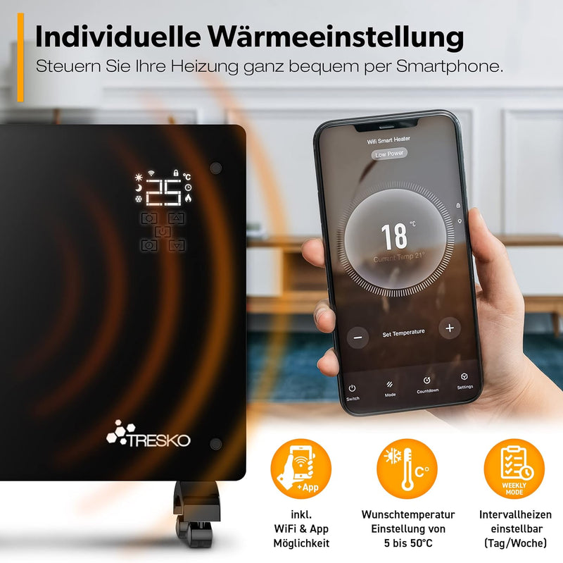 TRESKO® Glaskonvektor 1500W APP WiFi Funktion | Elektroheizung Glasheizung elektrisch | Konvektor He