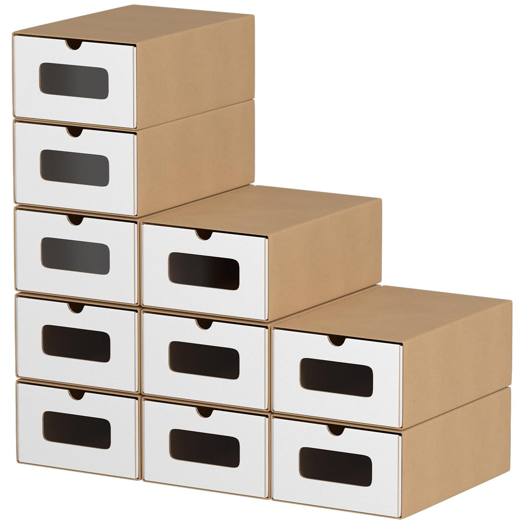 20x Schuhaufbewahrung WEISS/BRAUN mit Sichtfenster – Faltbare Aufbewahrungsbox 35×23×13,5 cm Stapelb