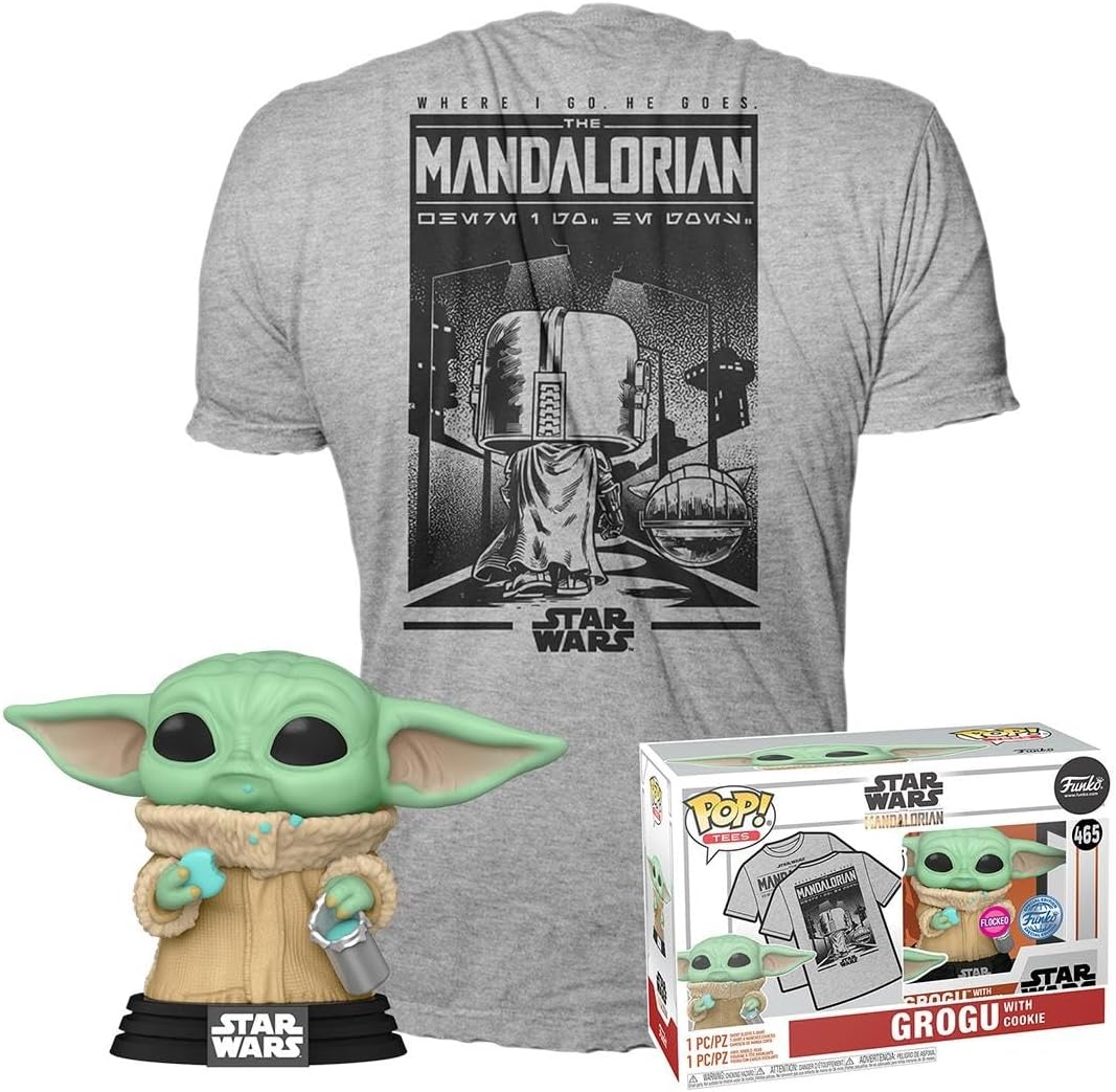 Funko Pop! & Tee: Mando - Grogu with Cookie (The Child, Baby Yoda) mit Cookie - Large - (L) - Star W
