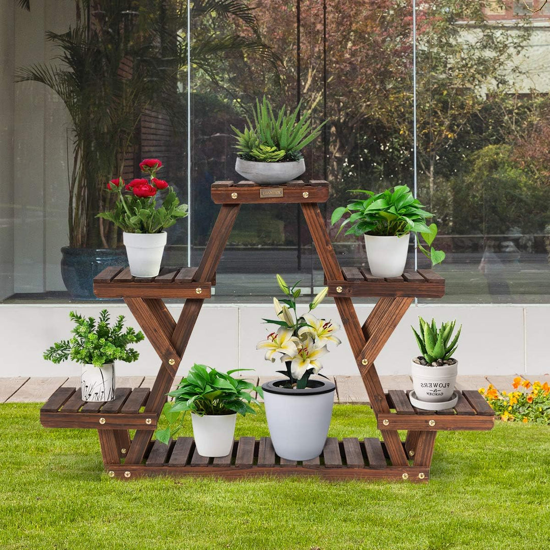 GOPLUS 6 Ebenen Blumenregal, Pflanzenregal, Blumentreppe Holz für Garten & Balkon, 99x25x64cm