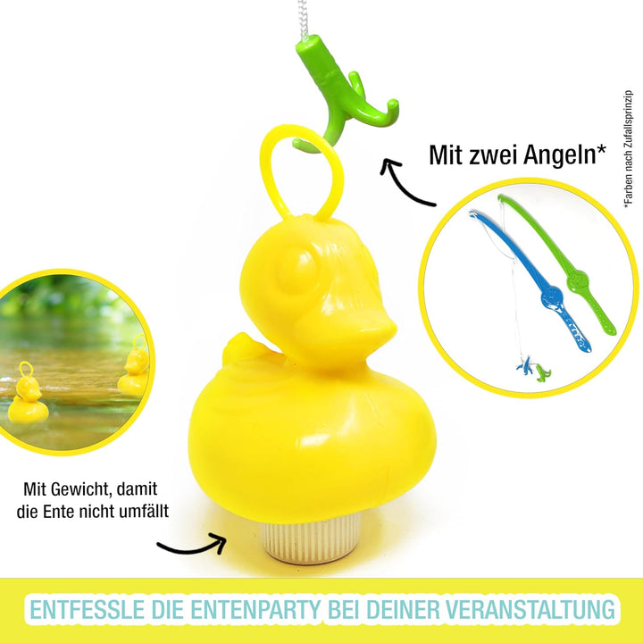 AMLI Enten Angeln | 16x gelbe Entchen mit Öse & Gewicht | Inkl. 2 Angeln | Entenangeln Spiel Wasser