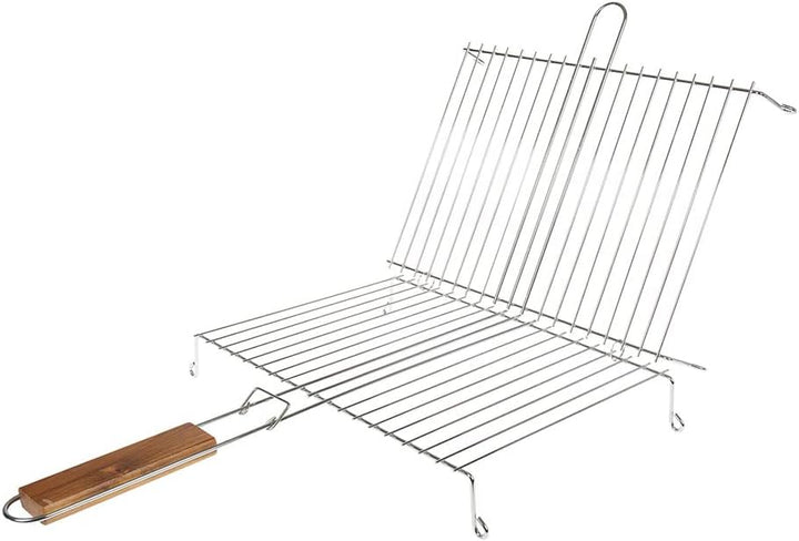 ruecab 1086 Grillguthalter Doppel auf Füsse Edelstahl Griff Holz silber 30x40cm Grillfläche