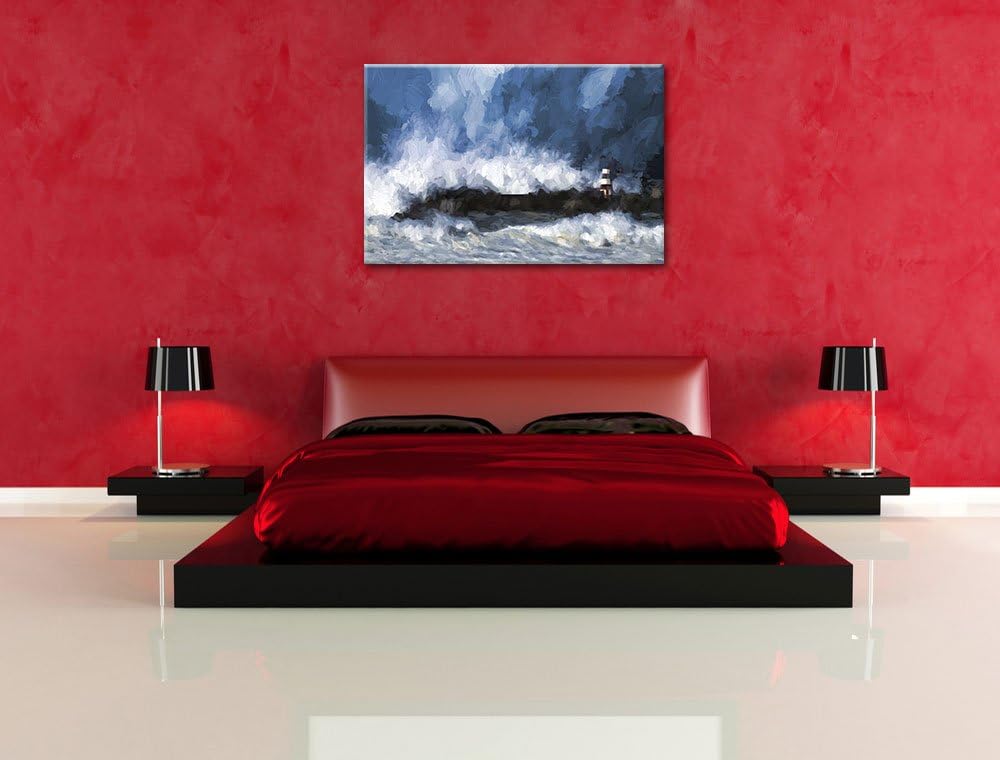 Pixxprint Tobendes Meer mit Leuchtturm Pinsel Effekt, Format: 100x70 auf Leinwand, XXL riesige Bilde