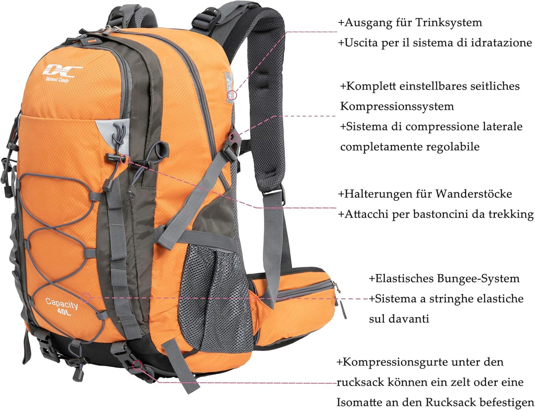 Wanderrucksack 40l Damen Herren Rucksack Wasserdicht Reiserucksack mit Regenschutz Orange, Orange