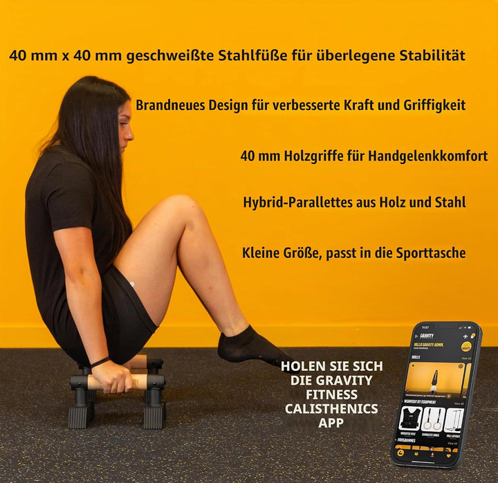Gravity Fitness Parallettes Calisthenics Dip Barren mit Hybrid Holzgriffen – Stabil & Tragbar für Zu