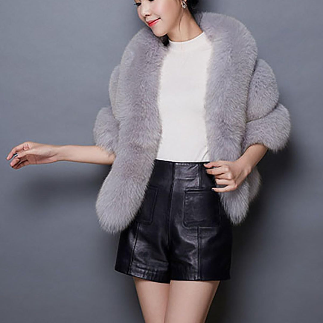 Damen Mode Herbst Schal Stola Winter Umhang Poncho Cape aus Kunstfell Jacke Mantel Brautkleid Grau E