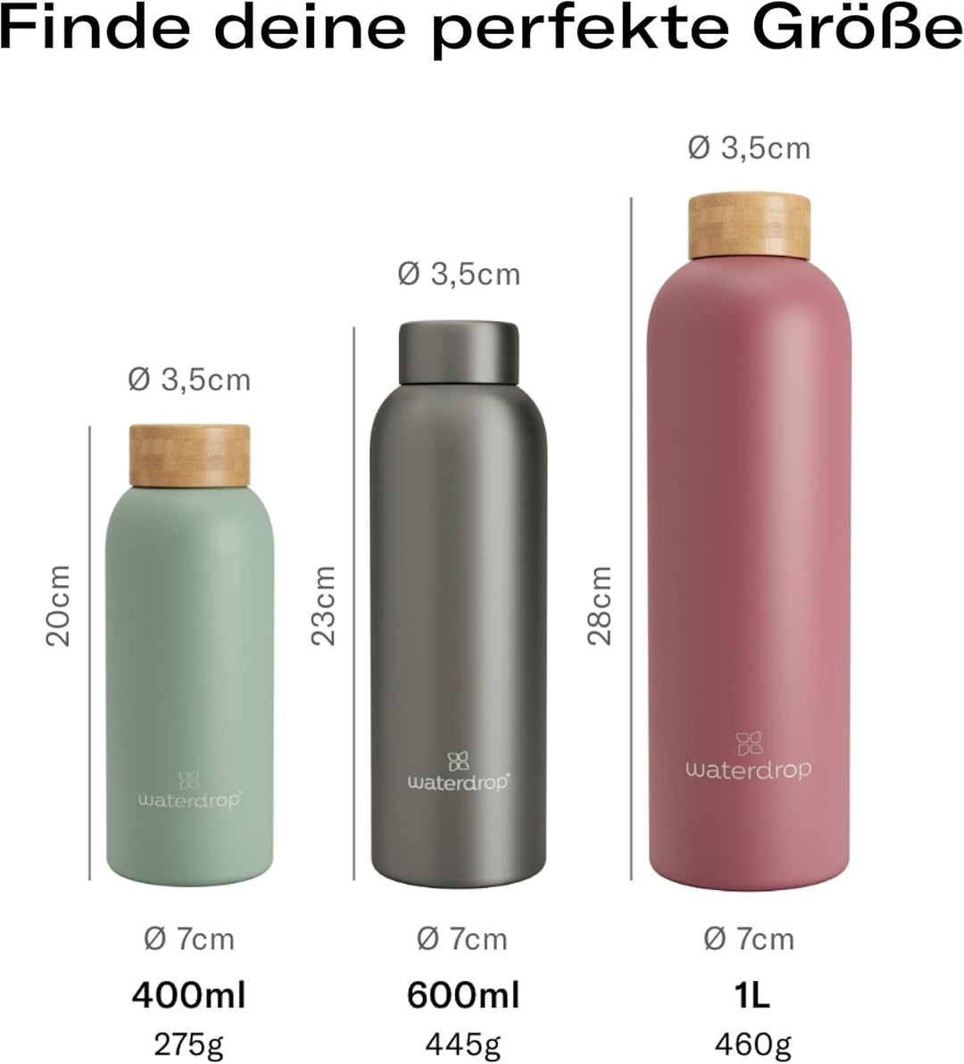waterdrop® Edelstahl Trinkflasche 600ml - auslaufsichere Trinkflasche Kohlensäure geeignet & BPA fre