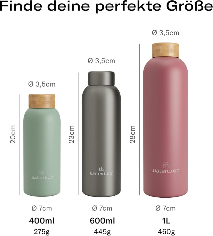 waterdrop® Edelstahl Trinkflasche 600ml - auslaufsichere Trinkflasche Kohlensäure geeignet & BPA fre