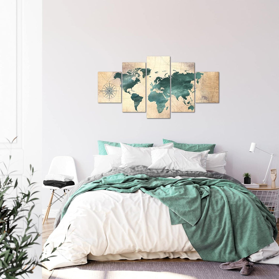 Runa Art Bild Büro Wohnzimmer Weltkarte 5 Teilig Antik Grün braun Wandbilder auf Vlies Leinwand 0260