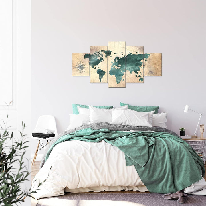 Runa Art Bild Büro Wohnzimmer Weltkarte 5 Teilig Antik Grün braun Wandbilder auf Vlies Leinwand 0260