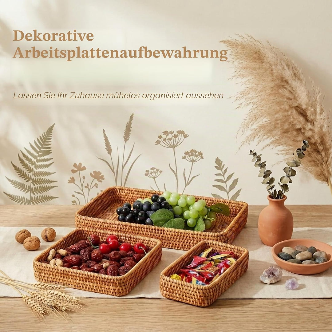 Rattan Serviertablett, Korbtablett Rechteckiges, Natürliches Gewebtes Dekoratives Tablett zum Organi