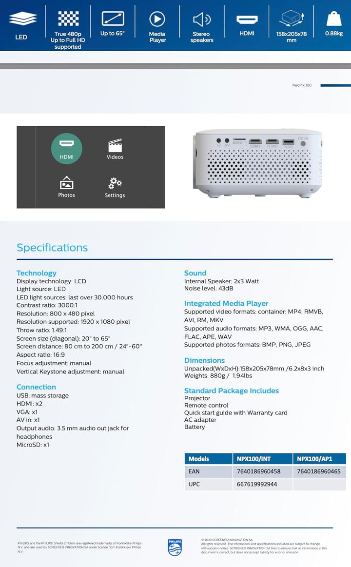 Philips NeoPix 100 Beamer Fixed Beamer 65 Zoll (165 cm) Display, LED, integrierte HiFi-Stereo-Lautsp