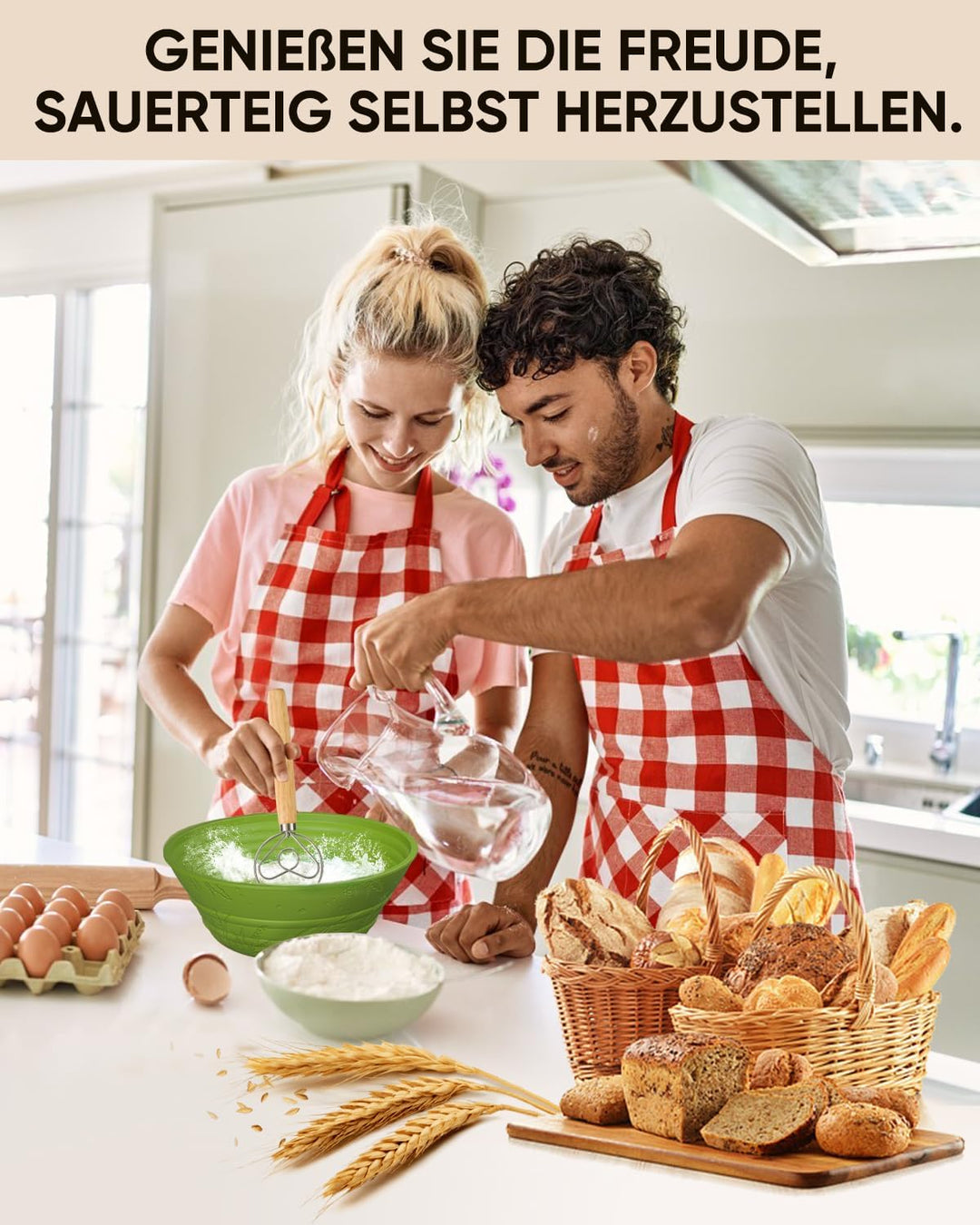 Sauerteig Starterset aus 2x Gärkörbchen Silikon 1000ml Gärglas mit Spatel,Brot Backen Zubehör Teigsc