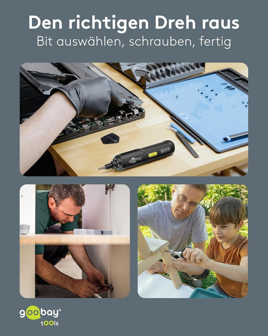 goobay Mini-Akkuschrauber-Set 28 teilig - 24 Bits, 1 Verlängerung, 1 Halterung und 1 Adapter aus Chr
