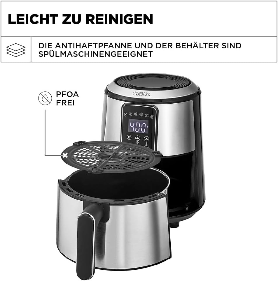 Crux 3 l digitale Heissluftfritteuse, schnelleres Vorheizen, ölfreies Frittieren, spülmaschinenfeste