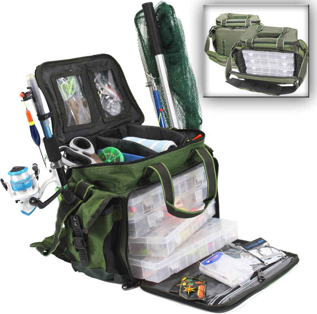 QMBasic Angelboxentasche inkl. 4 Tackle-Boxen | Angelkoffer für Zubehör Wasser-Abweisend gepolsterte