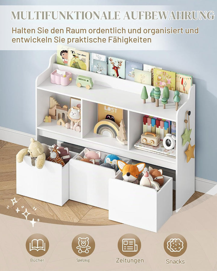 Hzuaneri Kinderregal mit Bücherfach &amp; Rollschubladen 30 x 108 x 80 cm, Weiss | 3 offene Fächer, 3 ro