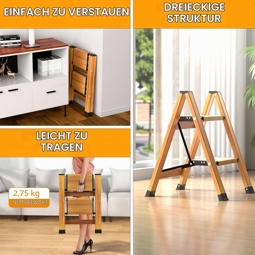 KULACO Klapptritt, Trittleiter 2 Stufen Klappbar, Aluminium Klappleiter, Tragbare Stufenleiter, Ruts