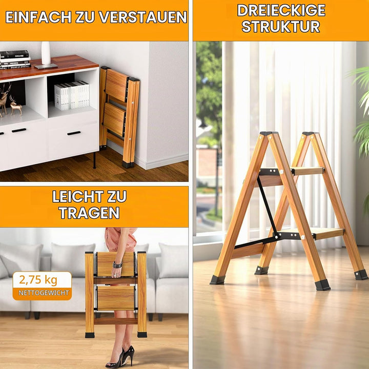 KULACO Klapptritt, Trittleiter 2 Stufen Klappbar, Aluminium Klappleiter, Tragbare Stufenleiter, Ruts