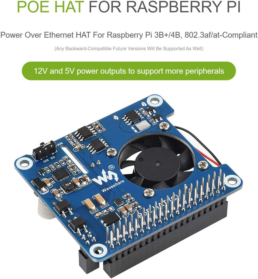 Waveshare Power Over Ethernet PoE HAT für Raspberry Pi 4 B /3B+, IEEE 802.3af/at PoE Netzwerk Standa