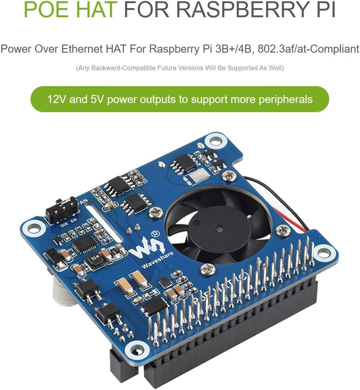 Waveshare Power Over Ethernet PoE HAT für Raspberry Pi 4 B /3B+, IEEE 802.3af/at PoE Netzwerk Standa