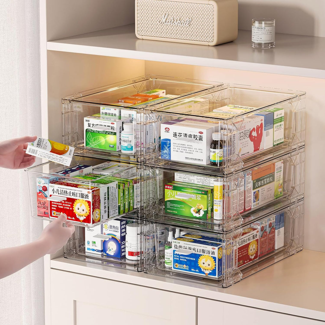 6er Set Transparente Aufbewahrungsboxen im Schubladenstil - Stapelbarer Medikamenten Organizer 31x18