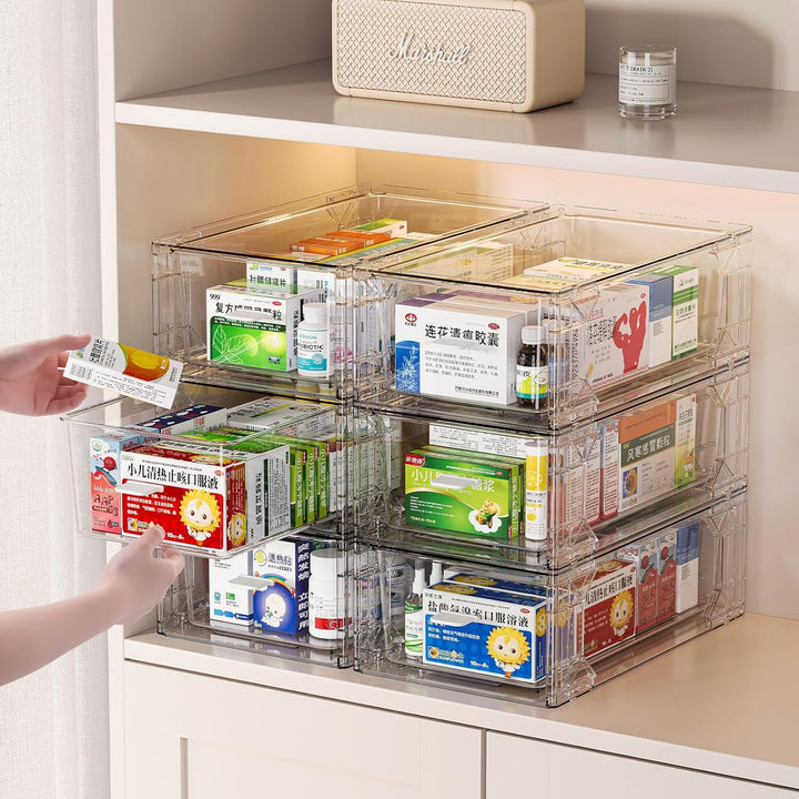 6er Set Transparente Aufbewahrungsboxen im Schubladenstil - Stapelbarer Medikamenten Organizer 31x18