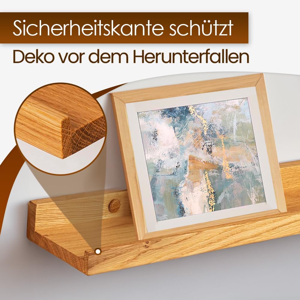 Heimatspäne 2er-Set Bilderleiste Holz 40cm – Echtes Eichenholz, freischwebende Regalbretter inkl. Sc