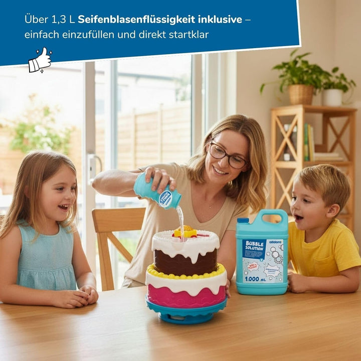 alldoro 68707 2-in-1 Seifenblasen-Set, Seifenblasenmaschine Torte mit Licht &amp; Sound &amp; Seifenblasen-F