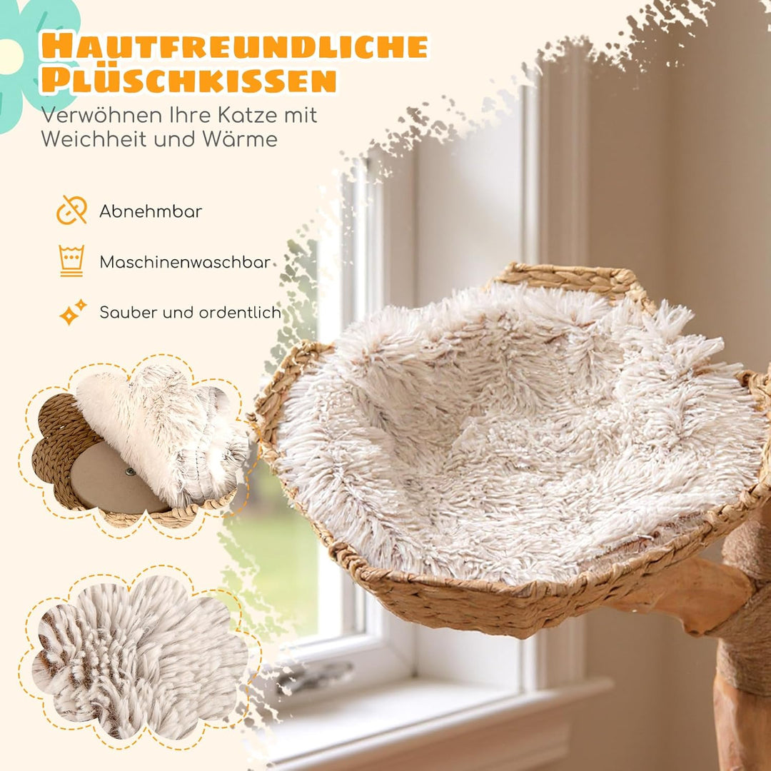 COSTWAY 122 cm Kratzbaum Holz, Katzenbaum mit Sitzfläche, 2 Körben aus Rattan, Kratzpfosten aus Jute
