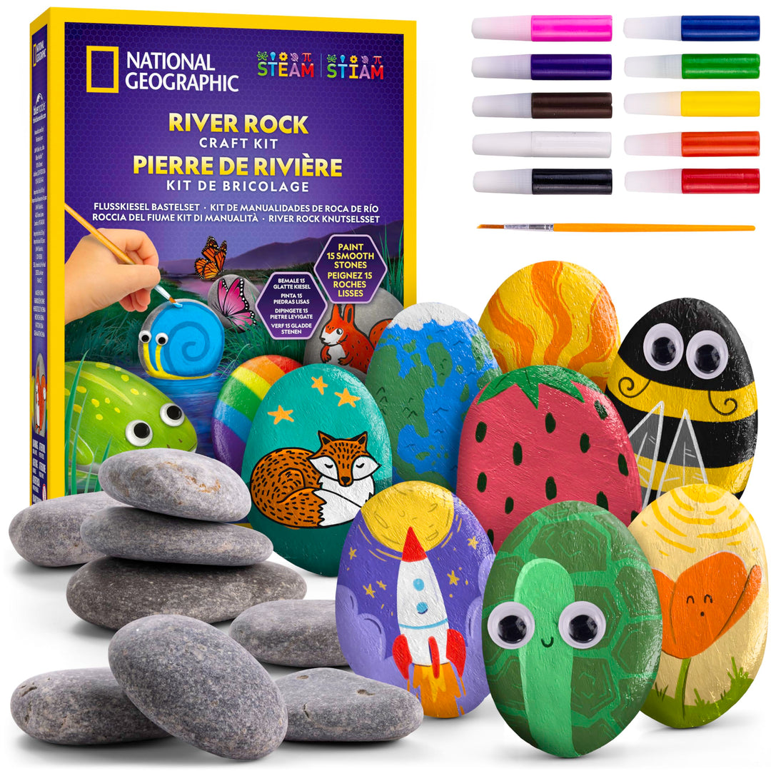 NATIONAL GEOGRAPHIC Steine Bemalen Set – Bastelset für Kinder, 15 Flusssteine mit 10 Farben &amp; Zubehö