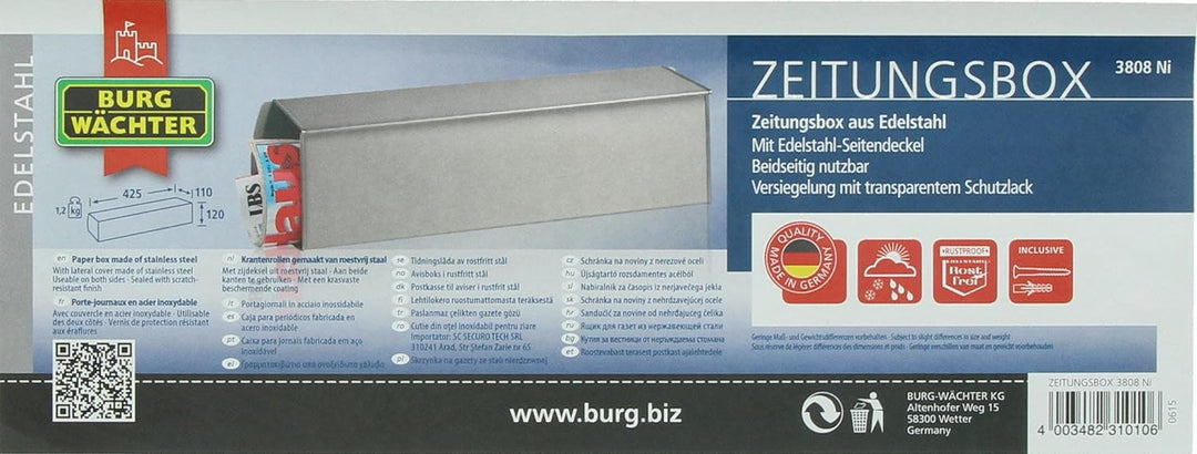 Burg-Wächter Zeitungsrolle mit Metall-Seitendeckel, Briefkastenergänzung, Eckig, Verzinkter Stahl, 8