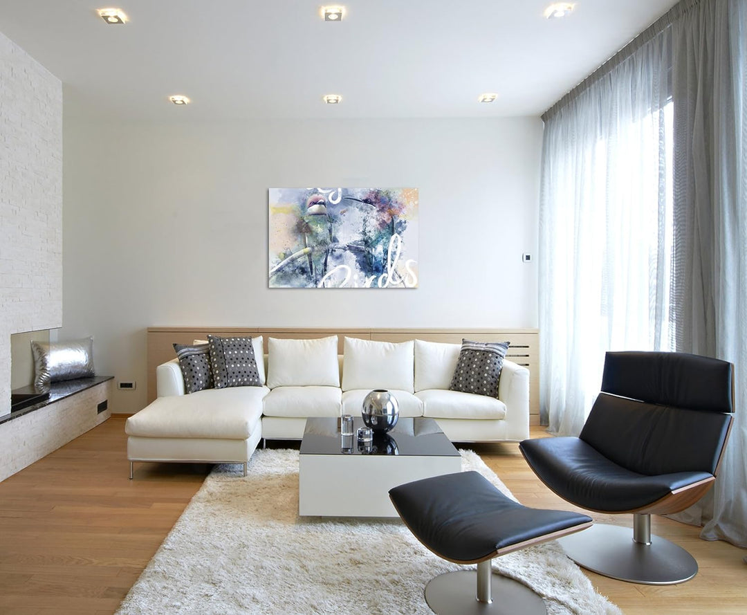 Paul Sinus Art Bild Leinwand 80x60cm Vogel auf Zweig in Blautönen mit Kalligraphie, 80x60cm
