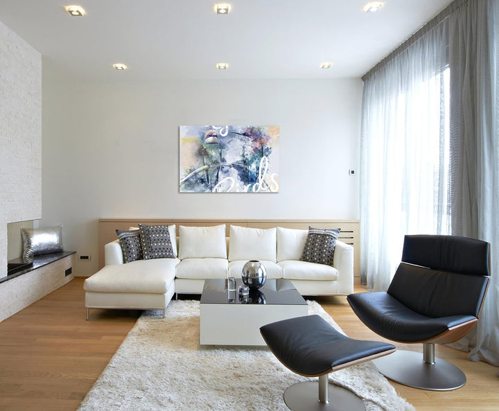 Paul Sinus Art Bild Leinwand 80x60cm Vogel auf Zweig in Blautönen mit Kalligraphie, 80x60cm