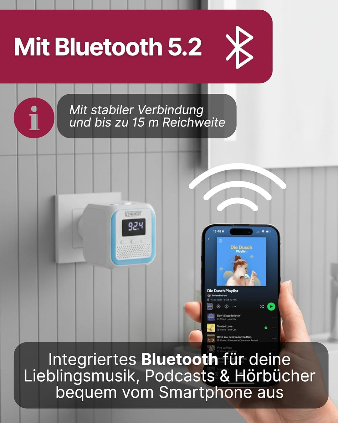 SCHWAIGER RAFM0100 Steckdosenradio Badezimmerradio Radio Steckdose FM Bluetooth Steckdosenlautsprech