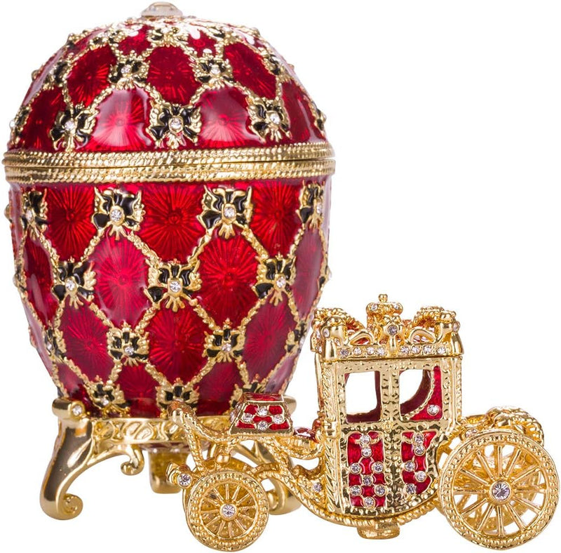 Fabergé-Stil Krönungs Ei/Schmuckkästchen mit Kutsche 10 cm rot