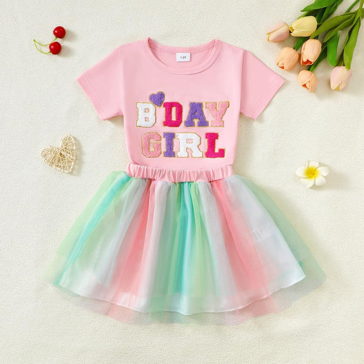 Kleinkind Baby Mädchen Geburtstag Outfit Birthday Girl Buchstabenstickerei T-Shirt Tutu Tüllrock Set