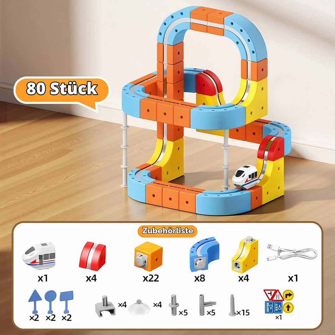 80 Pcs Cube Track Magnetische Block mit, Spielzeug ab 3 4 5 6 7 8 Jahre Junge Clickrail Electric Tra