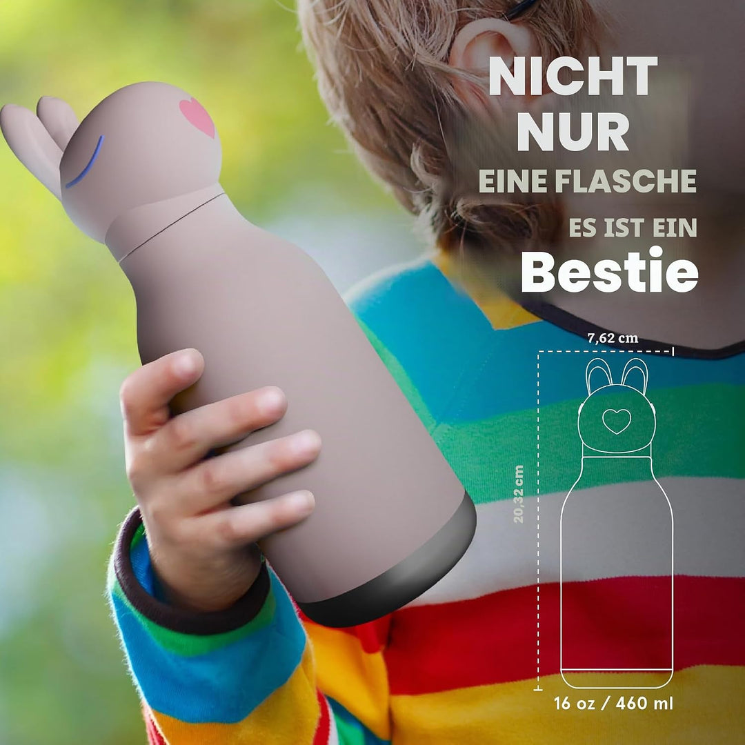 ASOBU Bestie Kindertrinkflasche mit Strohhalm – Isolierte Edelstahlflasche 420ml mit Hasenkopf – Aus