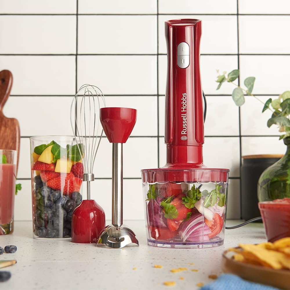 Russell Hobbs Stabmixer [3-in-1: Mixer,Schneebesen & Zerkleinerer/Pürierstab] Desire Red (600ml Mixb