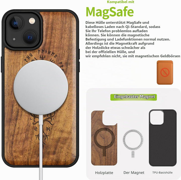Carveit Holz Cover für iPhone 15 hülle, Kompatibel mit Magsafe Silikon Stossfeste Cover, Magnetisch