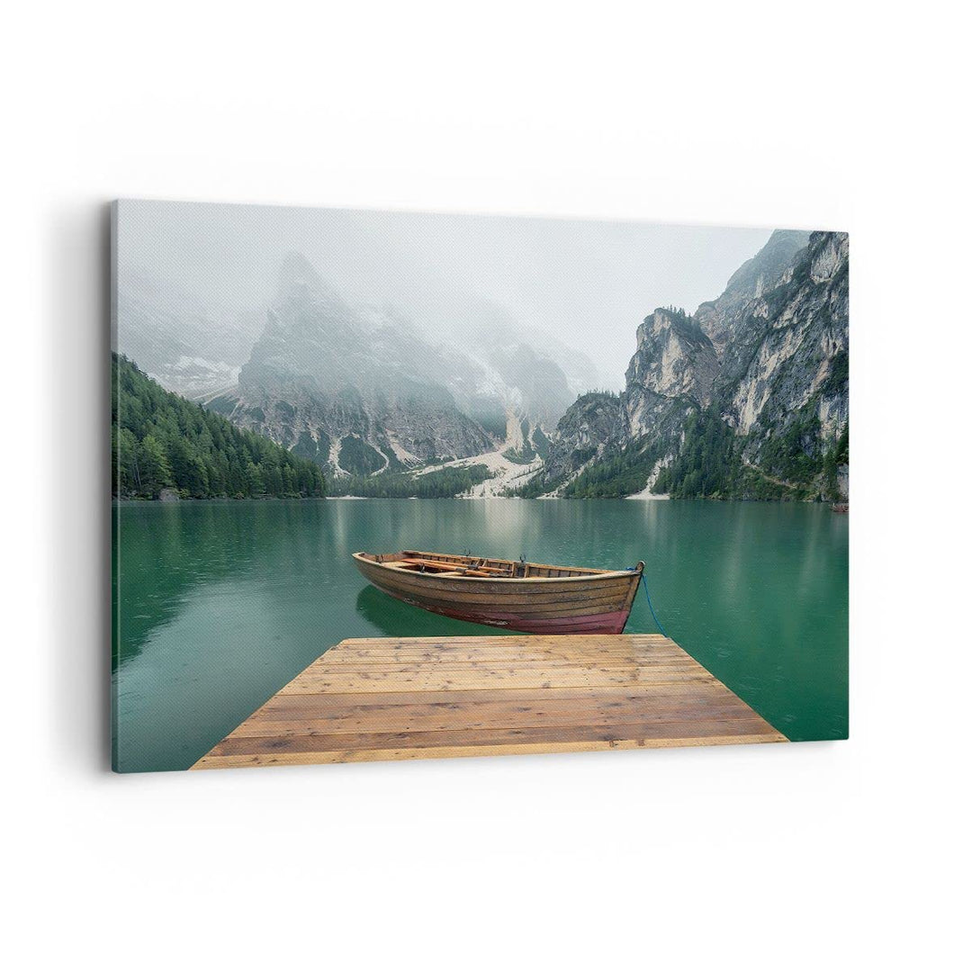 Bilder auf Leinwand 100x70cm Leinwandbild mit Rahmen Berge See Boot Gross Wanddeko Bild Schlafzimmer