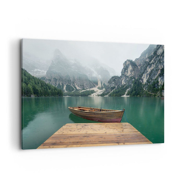 Bilder auf Leinwand 100x70cm Leinwandbild mit Rahmen Berge See Boot Gross Wanddeko Bild Schlafzimmer